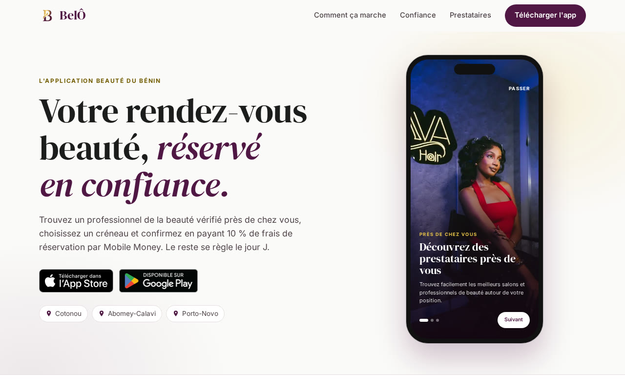 Accueil du site getbelo.com : « Votre rendez-vous beauté, réservé en confiance »