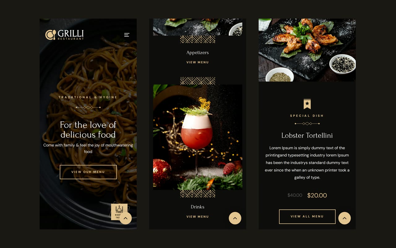 Le site Grilli sur mobile : accueil, menu et plat signature
