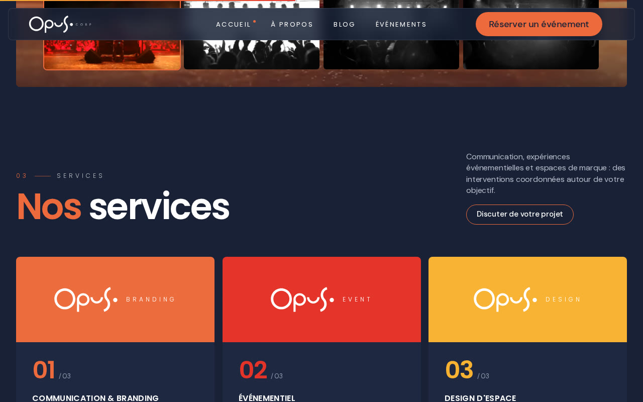 Section services du site OPUS CORP : branding, événementiel, design d'espace
